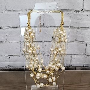 Gardenia Multistrand Cluster Glass Pearl Bib Statement Necklace Gold/White - NWT